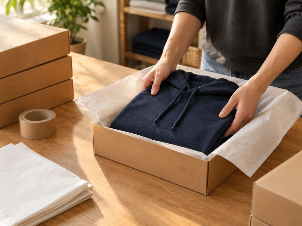 Hands packing a folded hoodie into a kraft box with tissue paper