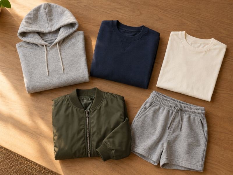 Folded hoodie, sweatshirt, t-shirt, bomber jacket and shorts on a wooden table